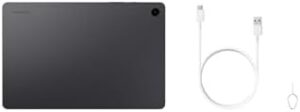 Samsung Galaxy Tab A9+ 11.0 inch tablet with gray design, large display, and expandable storage