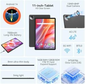 11-inch Android 14 Tablet featuring 16GB RAM, 128GB ROM, 5G WiFi, and 4G LTE connectivity  