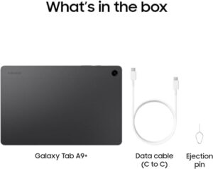 Samsung Galaxy Tab A9+ 5G 11" WiFi + Cellular in Gray, showing the large screen and sleek design