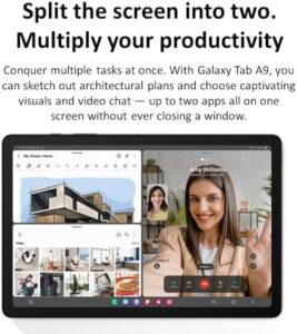 Samsung Galaxy Tab A9 4G LTE with 8.7" display, octa-core processor, and fast charger