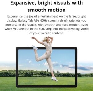 Samsung Galaxy Tab A9 4G LTE with 8.7" display, octa-core processor, and fast charger