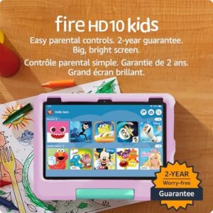 Fire HD 10 Kids Tablet in pink with a 10.1" screen and kid-proof case