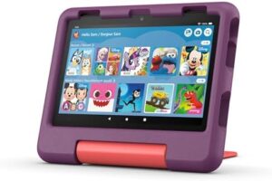 Amazon Fire HD 8 Kids tablet in grape color, showcasing 13-hour battery life, parental controls, and durable kid-proof case.