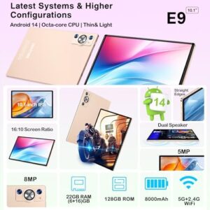 Android 14 Tablet 10 inch with 22GB RAM, 128GB ROM, Rose Gold/Pink - Octa-Core HD Touchscreen, WI-FI 6, and Keyboard Support