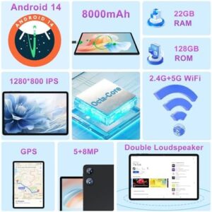 Tablet Android 14 10.1 inch with expandable storage and keyboard in Metal Black