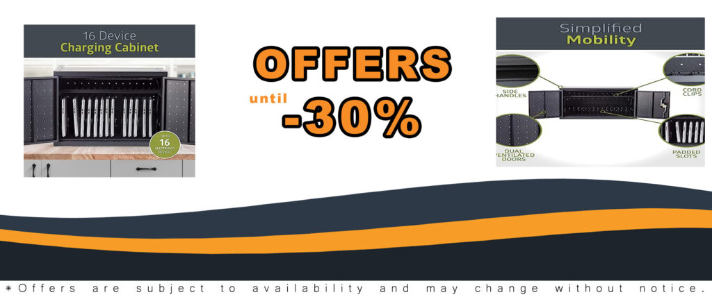 16 Bay Classroom and Office Table Top Charging Cart designed for secure storage and charging of Chromebooks, iPads, Tablets, and Laptops