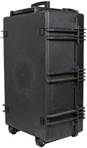 Black weatherproof and shockproof hard case with wheels, featuring IP67 water and dust protection and customizable foam interior.  