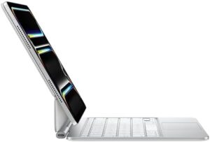 Magic Keyboard for iPad Pro 11-inch (M4) in white, showing backlit keys and trackpad