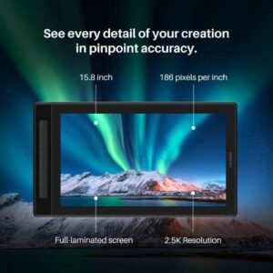 Kamvas Pro 16 drawing tablet with a 15.8-inch QHD screen, QLED full lamination, and 99% sRGB color accuracy