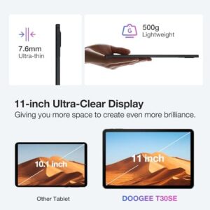 DOOGEE T30SE Tablet with Keyboard, featuring an 11-inch display, Android 14, 9GB RAM, 128GB ROM, and long-lasting 8580mAh battery.