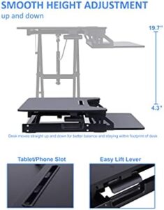 Rocelco Standing Desk Converter with Dual Monitor Mount - 31.5 Inch Sit Stand Up Tabletop Riser with Tablet Holder, Height Adjustable Workstation - Deep Keyboard Tray for Laptop - Black (R VADRB-DM2)