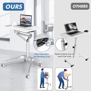 Tangkula Mobile Standing Desk, Pneumatic Sit Stand Laptop Desk with Tablet Holder & 4 Rolling Casters, Portable Lectern Podium with Gas Lift Mechanism, Rolling Podium for School & Conference Room