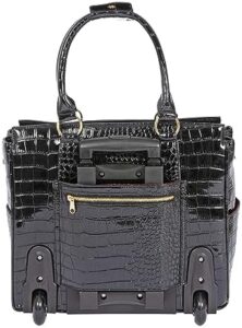 JKM & Company Rolling Laptop Bag for Women | Designer Wheeled Briefcase | Fits 13-17" Laptops | Office Travel Computer Case (Cosmopolitan), Black Patent, 15.5" H x 10" W/D x 16.5" L, Rolling Laptop