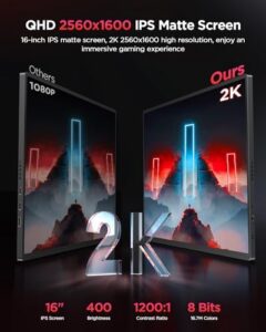 UPERFECT 2K 120Hz Portable Gaming Monitor, 16" 2560x1600 QHD Portable Monitor HDR FreeSync Laptop Monitor w/VESA & Smart Case Matte IPS Eye Care External Second Screen for PC Phone Game Console