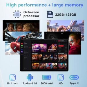Android 14 Tablet 10.1 inch 22GB RAM 128GB ROM 1TB Expand, 8000mAh Tablets with Keyboard Mouse, Octa-Core, HD Touchscreen, 5G Wi-Fi, BT 5.0, GPS, Widevine L1, Split Screen, Face Unlock - Black