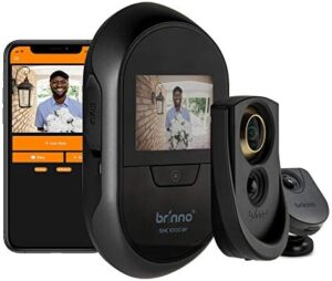 Smart front door peephole camera with live feed and dual image storage.
