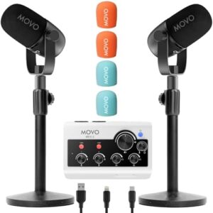 Portable podcast equipment bundle for iPhone/Android phones, including 2 CastMic dynamic mics and audio interface