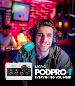 Portable podcast equipment bundle for iPhone/Android phones, including 2 CastMic dynamic mics and audio interface