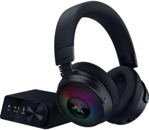 Razer Kraken V4 Pro wireless gaming headset with OLED control hub.