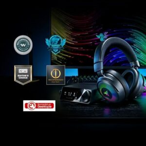 Razer Kraken V4 Pro wireless gaming headset with OLED control hub.