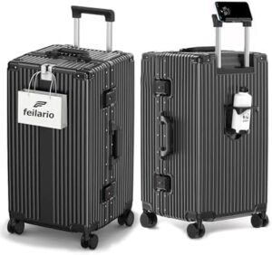 Aluminum frame hardside spinner luggage, black, 30in with cup/phone holders