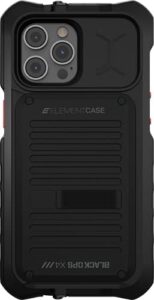 Black Ops iPhone 13 Pro case with wallet, kickstand, and shockproof protection.