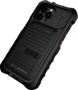 Black Ops iPhone 13 Pro case with wallet, kickstand, and shockproof protection.