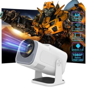 Smart mini projector with Android 11.0, 1080P resolution, WiFi 6, and Bluetooth 5.2.